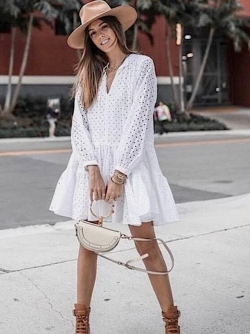 J. Crew White Eyelet V-Neck Long-Sleeve Mini Dress